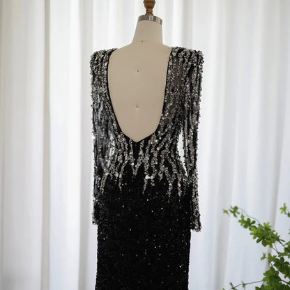 Luxury Black Mermaid V-Neck Long Sleeves Evening Dresses Formal Party Gowns DP938