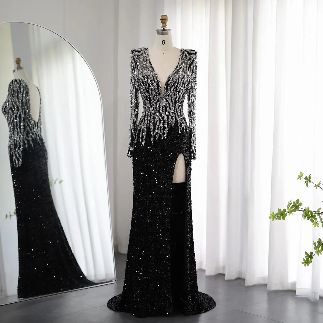 Luxury Black Mermaid V-Neck Long Sleeves Evening Dresses Formal Party Gowns DP938