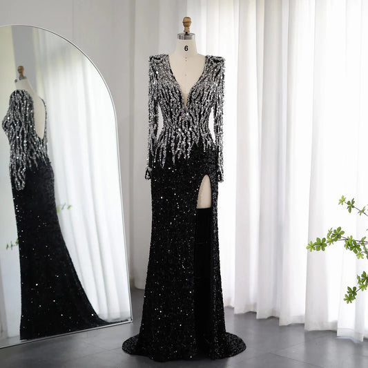 Luxury Black Mermaid V-Neck Long Sleeves Evening Dresses Formal Party Gowns DP938