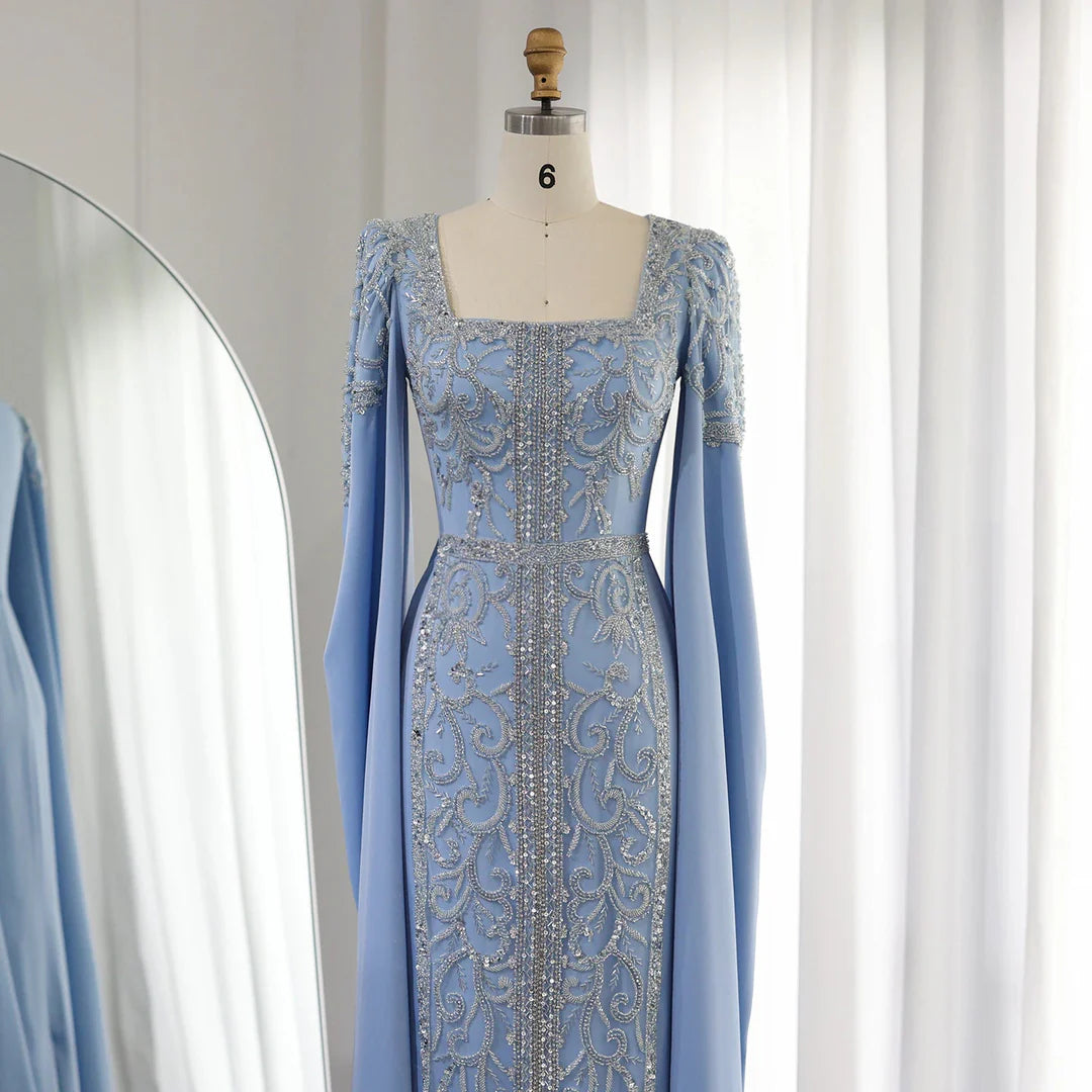 A Line Square Sleeve Sequins Appliques Satin Prom Dresses DP934