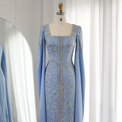A Line Square Sleeve Sequins Appliques Satin Prom Dresses DP934