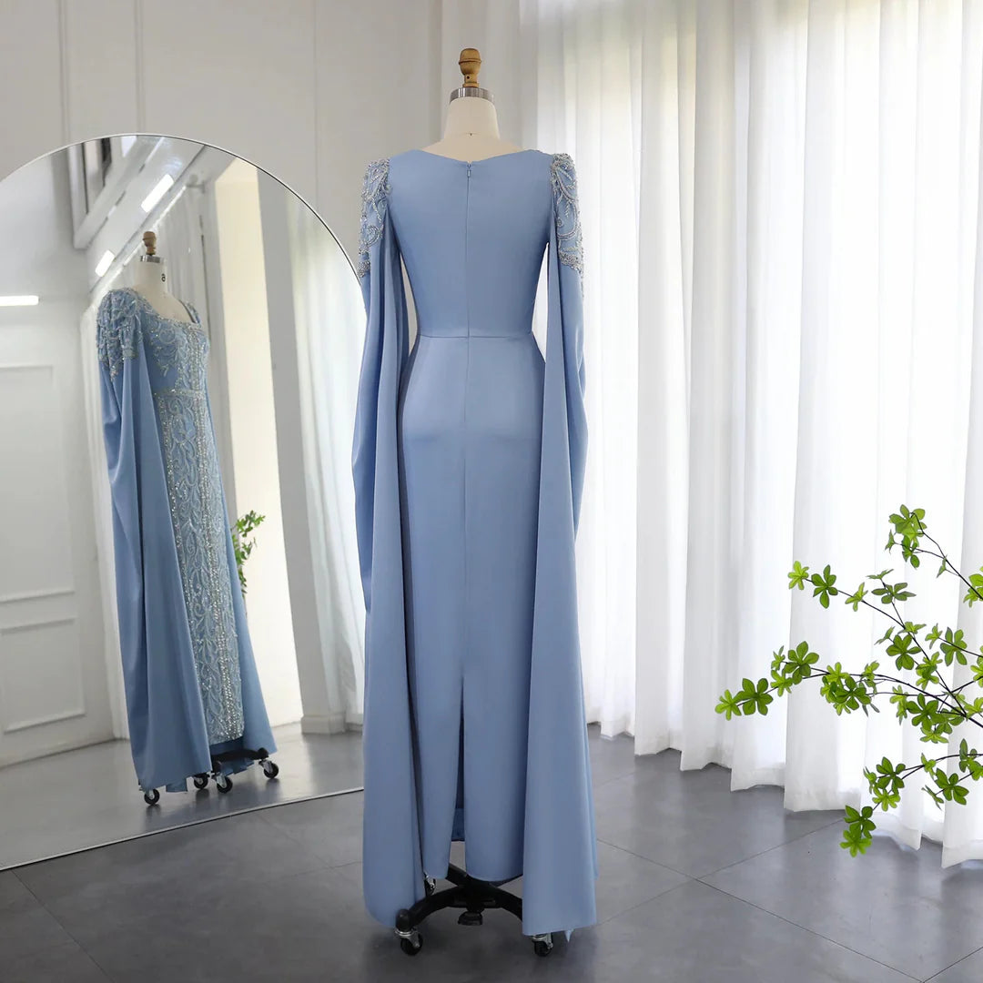 A Line Square Sleeve Sequins Appliques Satin Prom Dresses DP934