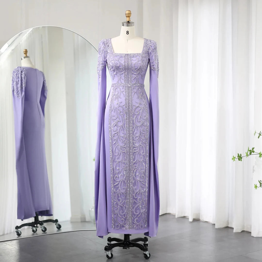A Line Square Sleeve Sequins Appliques Satin Prom Dresses DP934