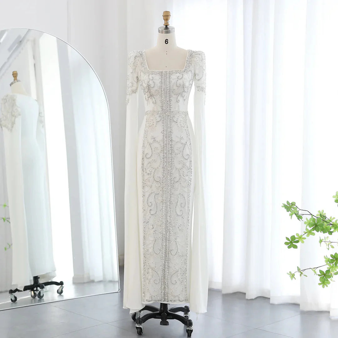 A Line Square Sleeve Sequins Appliques Satin Prom Dresses DP934