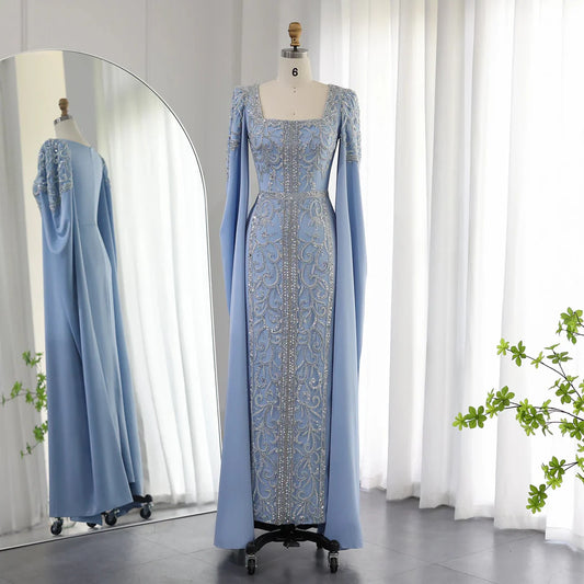 A Line Square Sleeve Sequins Appliques Satin Prom Dresses DP934
