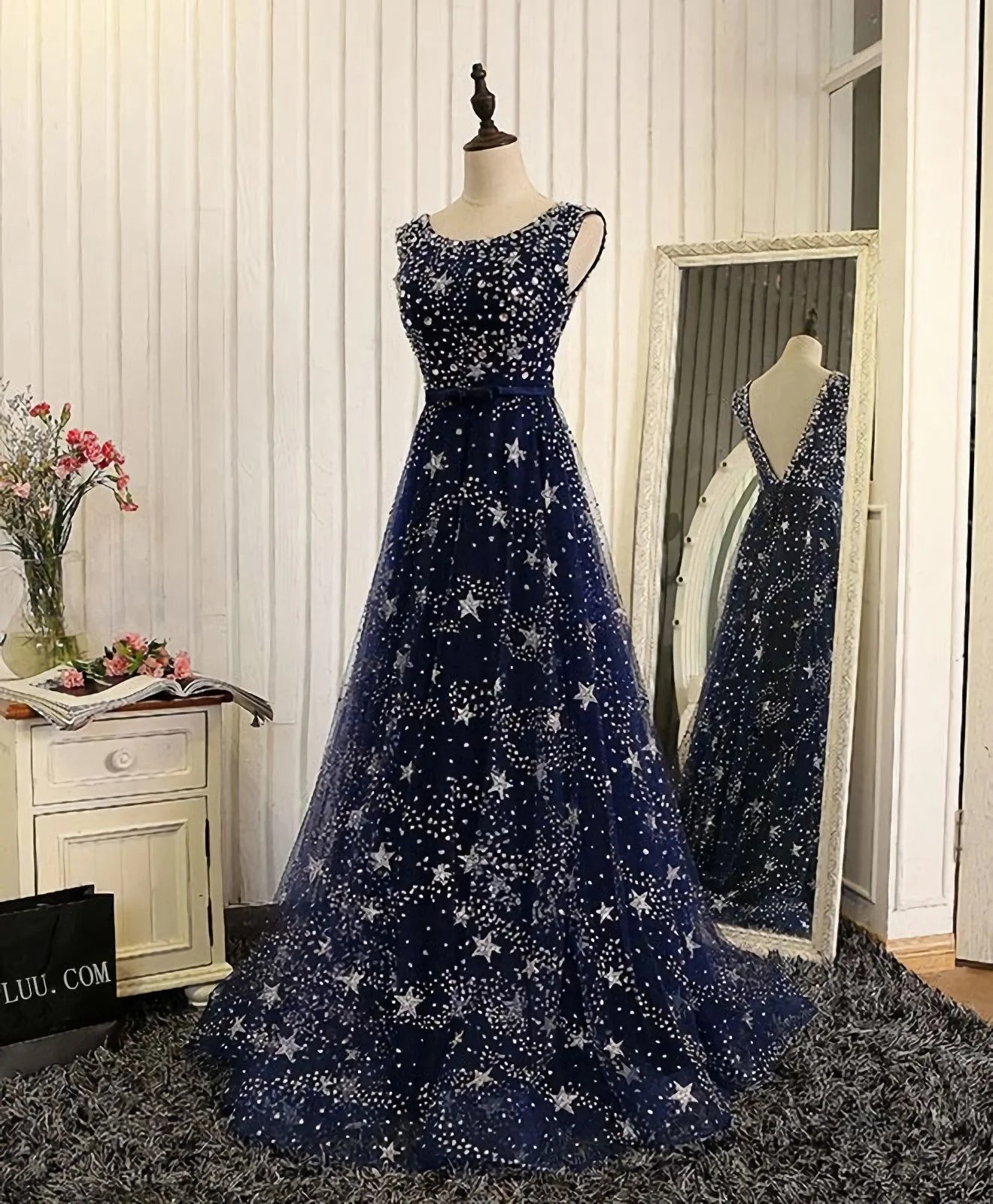 Blue A Line Beaded Sequins Tulle Long Prom Dress Evening Dress DP813