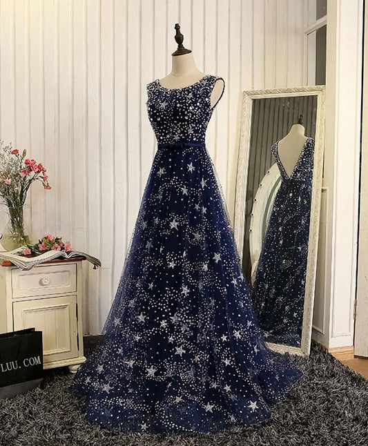 Blue A Line Beaded Sequins Tulle Long Prom Dress Evening Dress DP813