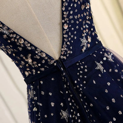 Blue A Line Beaded Sequins Tulle Long Prom Dress Evening Dress DP813