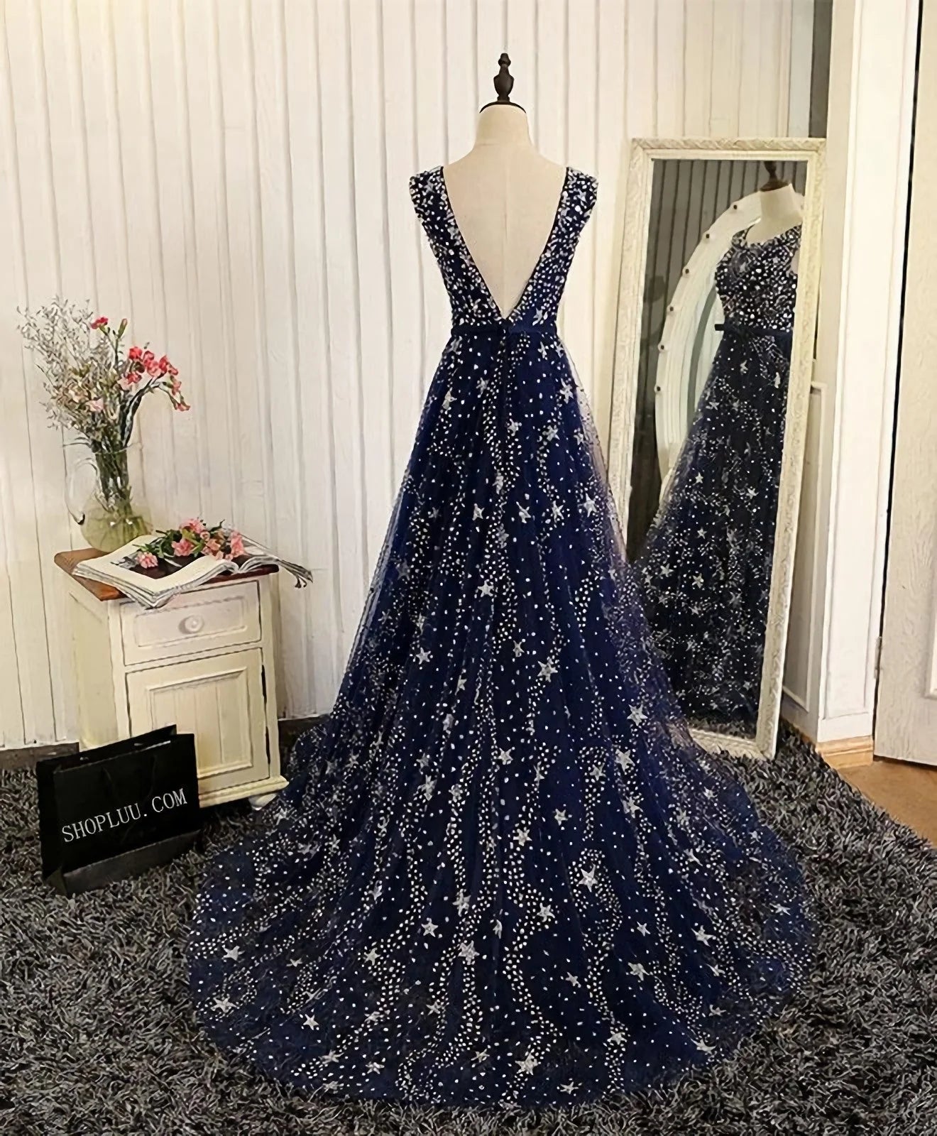 Blue A Line Beaded Sequins Tulle Long Prom Dress Evening Dress DP813