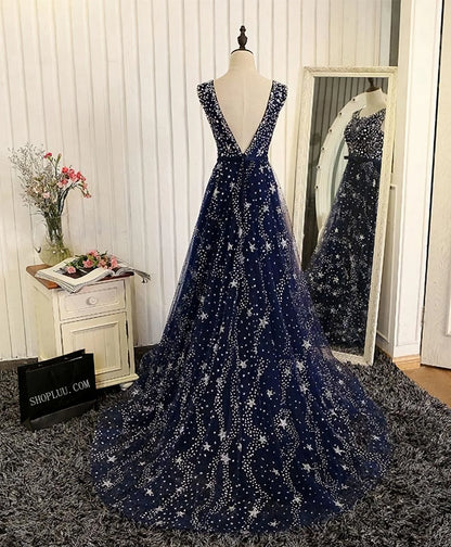 Blue A Line Beaded Sequins Tulle Long Prom Dress Evening Dress DP813