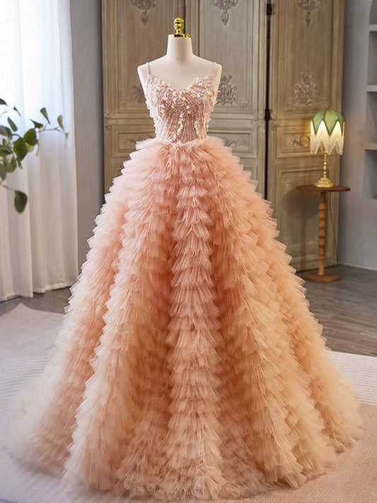 V Neck Tulle Sequin Orange Pink Long Prom Dress Evening Dress DP1083