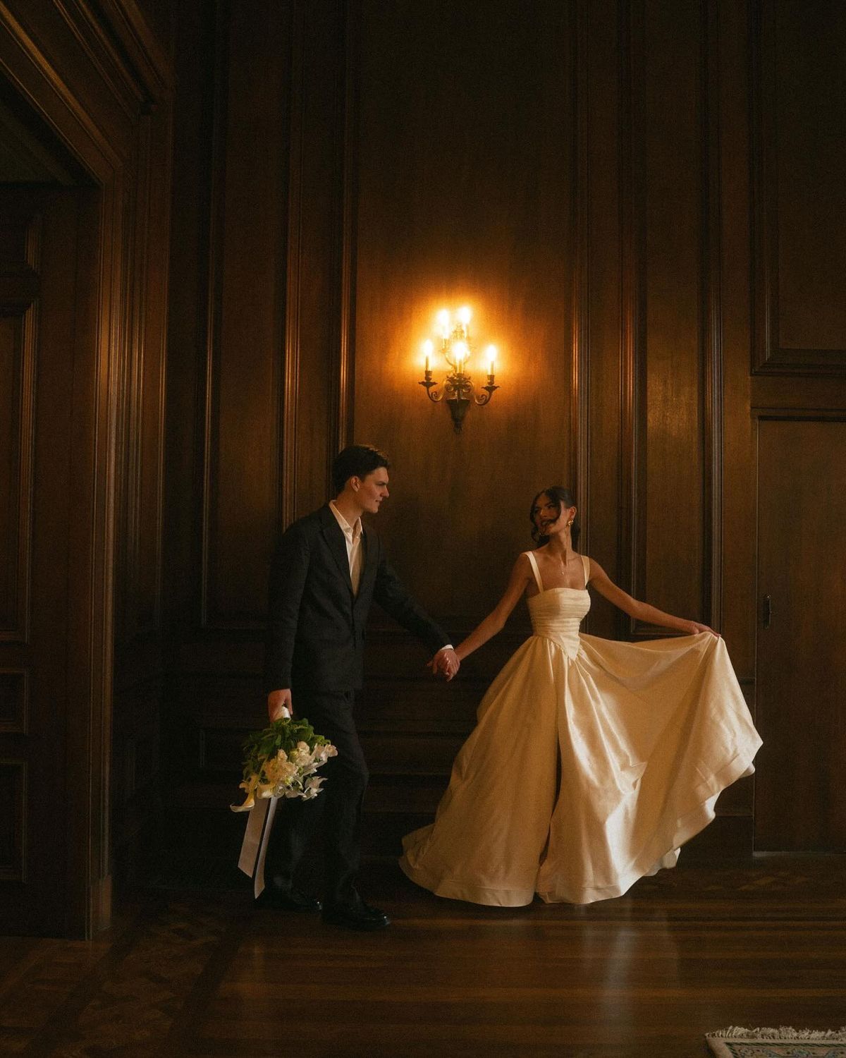 Classic Ball Gown Spaghetti Strap Pleated Simple Satin Wedding Dress DP4371