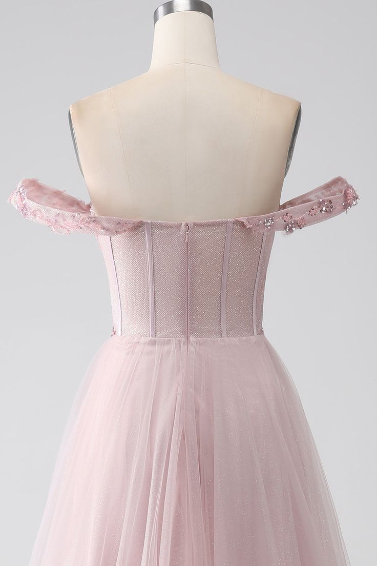 Elegant Off the Shoulder Sequins Beads Pink Tulle Prom Dress with Slit DP1393