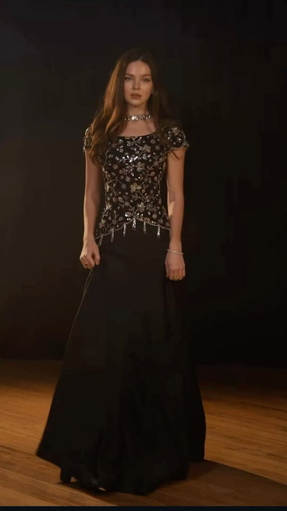 Shiny Beaded A Line Black Satin Prom Dress Evening Dress DP7165