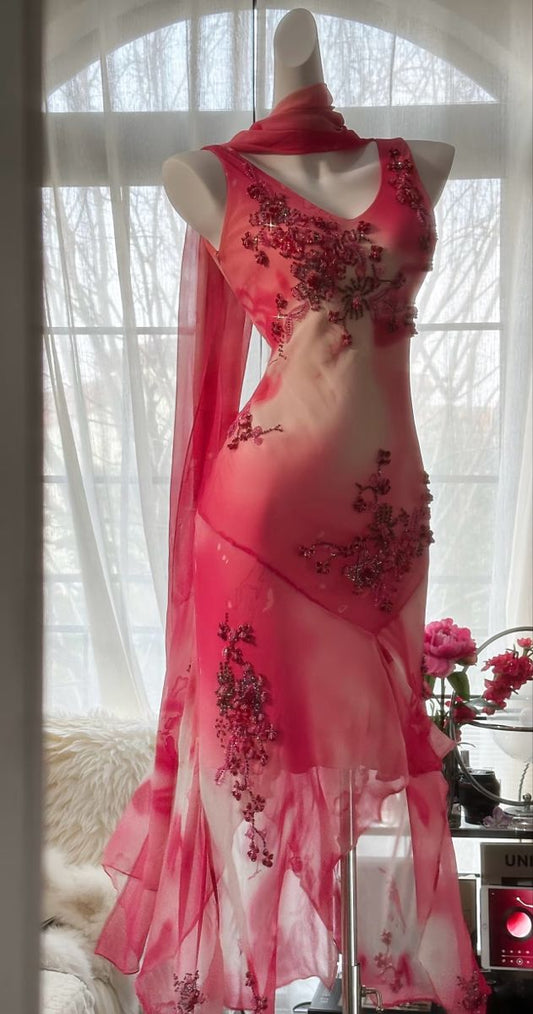 Gentle Mermaid V Neck Beaded Red Chiffon Prom Dress Evening Dress DP2068