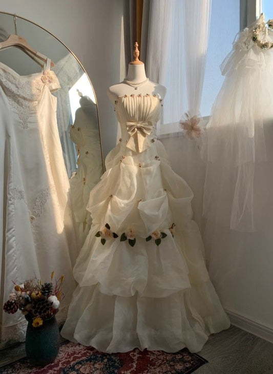 Retro Ivory Ball Gown Strapless Layered Floral Organza Wedding Dress Prom Dress DP3281