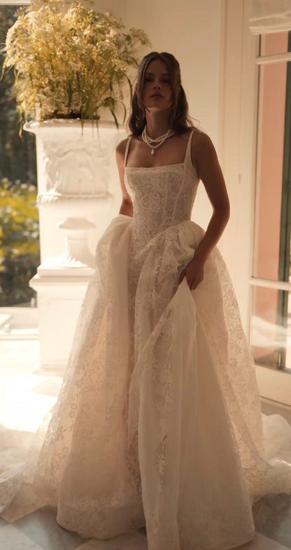 White Exquisite Ball Gown Straps Floral Lace Wedding Dress DP3278