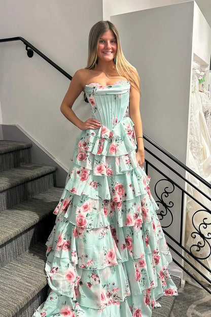 Light Green Print A Line Strapless Corset Layered Chiffon Evening Dress Prom Dress with Slit DP7673
