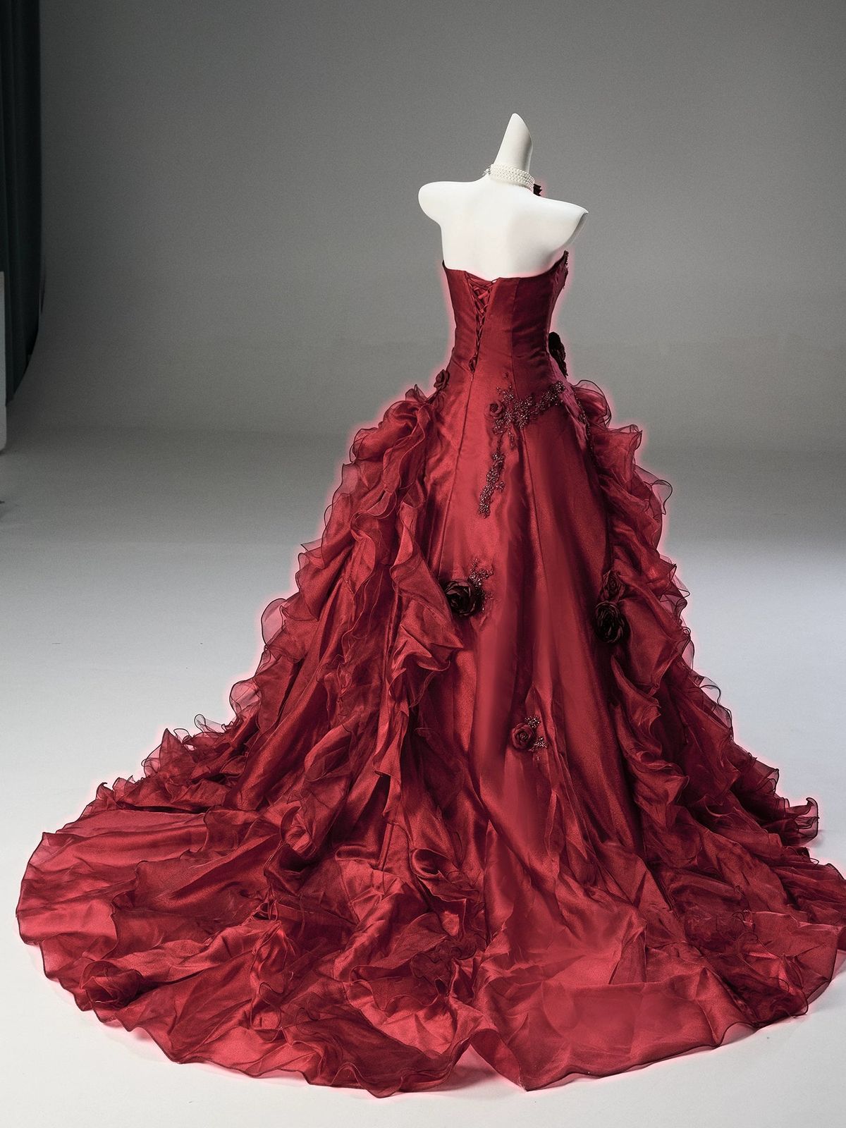 Princess Burgundy Ball Gown 3D Floral Beaded Ruffle Organza Prom Dress 16th Birthday Dress DP5392