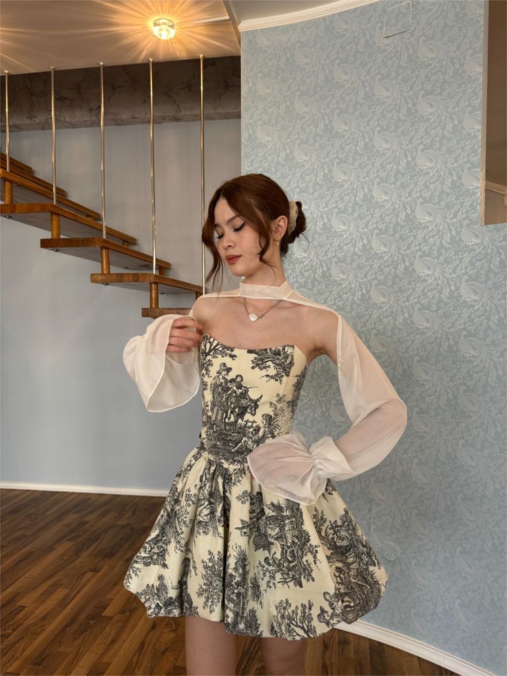 A Line Long Sleeve White Chiffon Print Satin Short Prom Dress Homecoming Dress DP7011