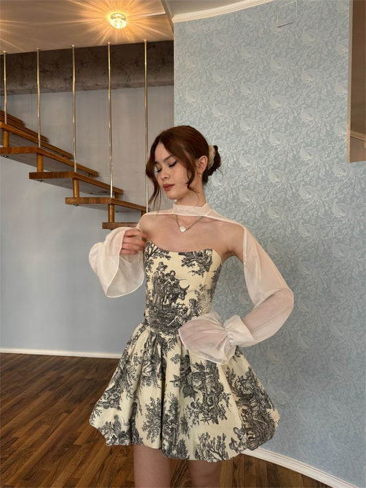 A Line Long Sleeve White Chiffon Print Satin Short Prom Dress Homecoming Dress DP7011