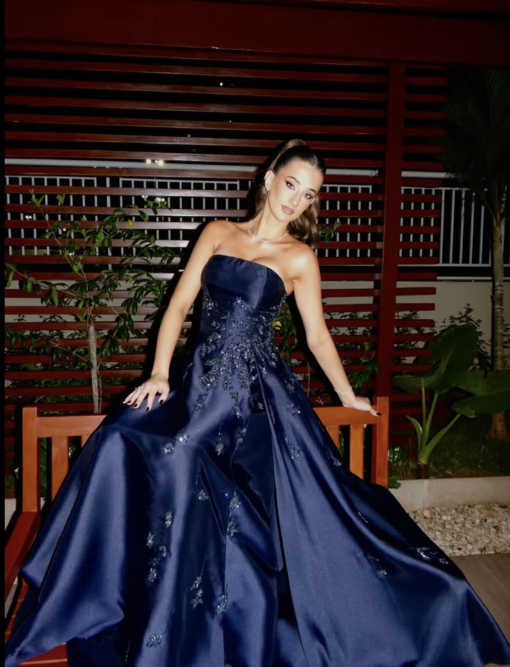 Pretty Navy Blue A Line Strapless Exquisite Beaded Satin Long Prom Dress Evening Dress DP8028