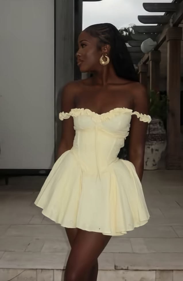Light Yellow A Line Off the Shoulder Satin Short Prom Dress Homecoming Dress Outfits DP6831
