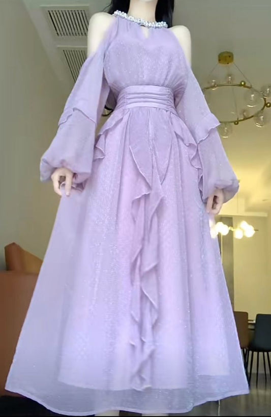 Purple Classy A Line Halter Long Sleeve Beaded Chiffon Evening Dress Outfits DP3148