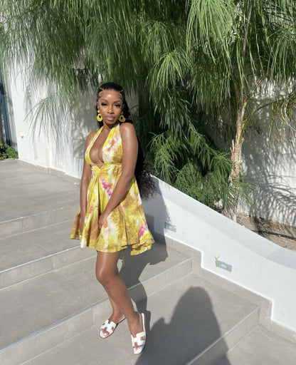 Summer Print Floral A Line V Neck Backless Chiffon Short Homecoming Dress Birthday Dress Outfits DP3089