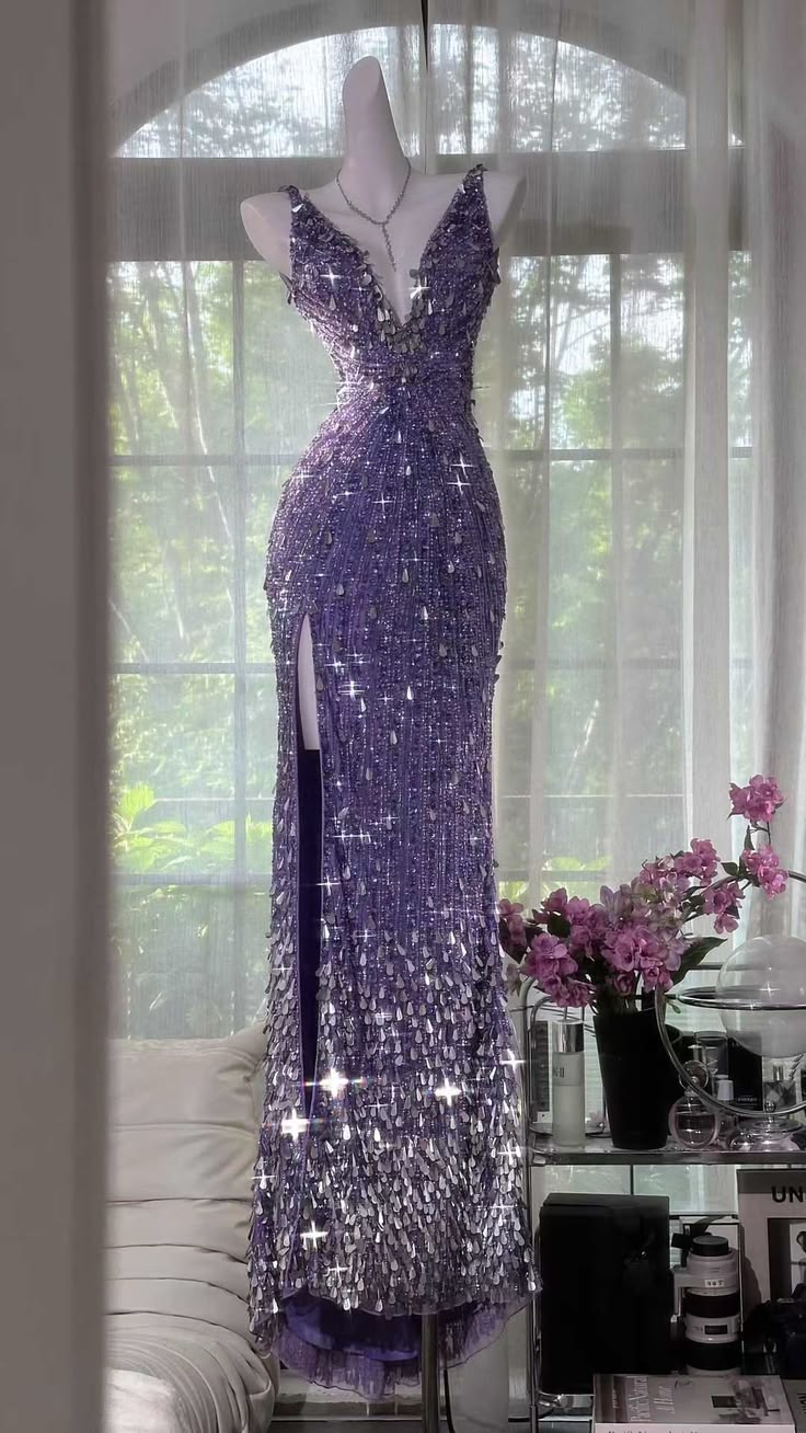 Stunning Sheath V Neck Lilac Beaded Sequin Long Prom Dress Evening Dress DP6898