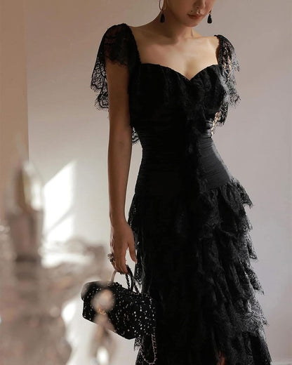 Stunning Black Sheath Straps Layered Lace Prom Dress Evening Dress DP7844
