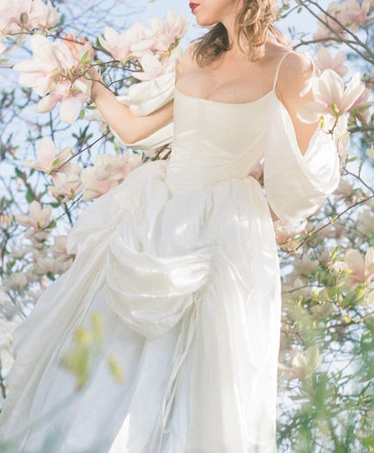 Gentle White A Line Off the Shoulder Chiffon Satin Birthday Dress Wedding Dress DP3033
