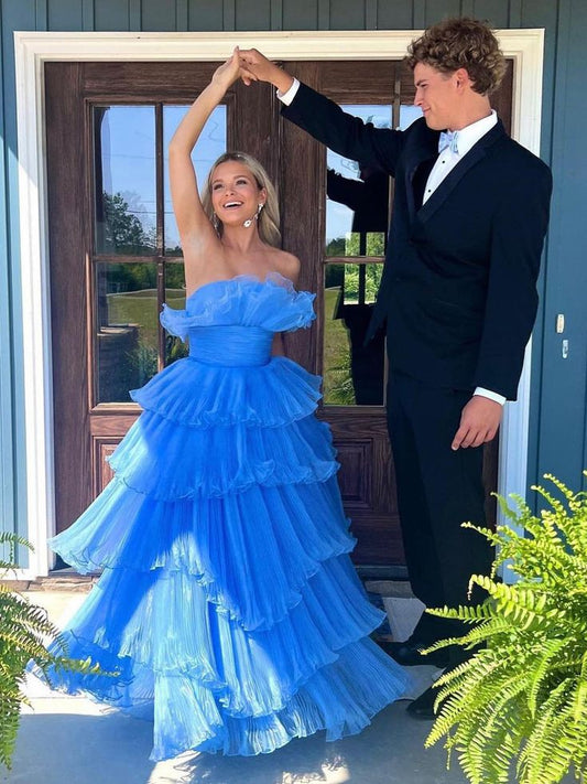 A Line Strapless Tiered Crinkled Tulle Prom Dress DP772