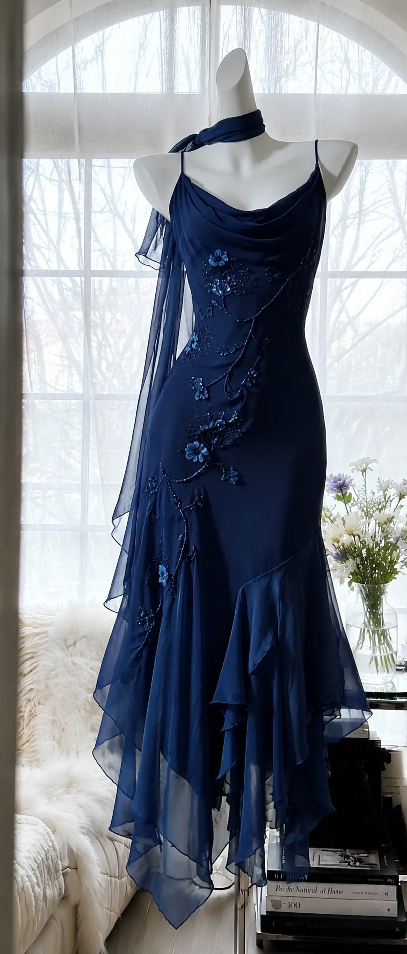 Navy Blue Mermaid Straps Beaded Ruffle Chiffon Prom Dress Party Dress DP5816