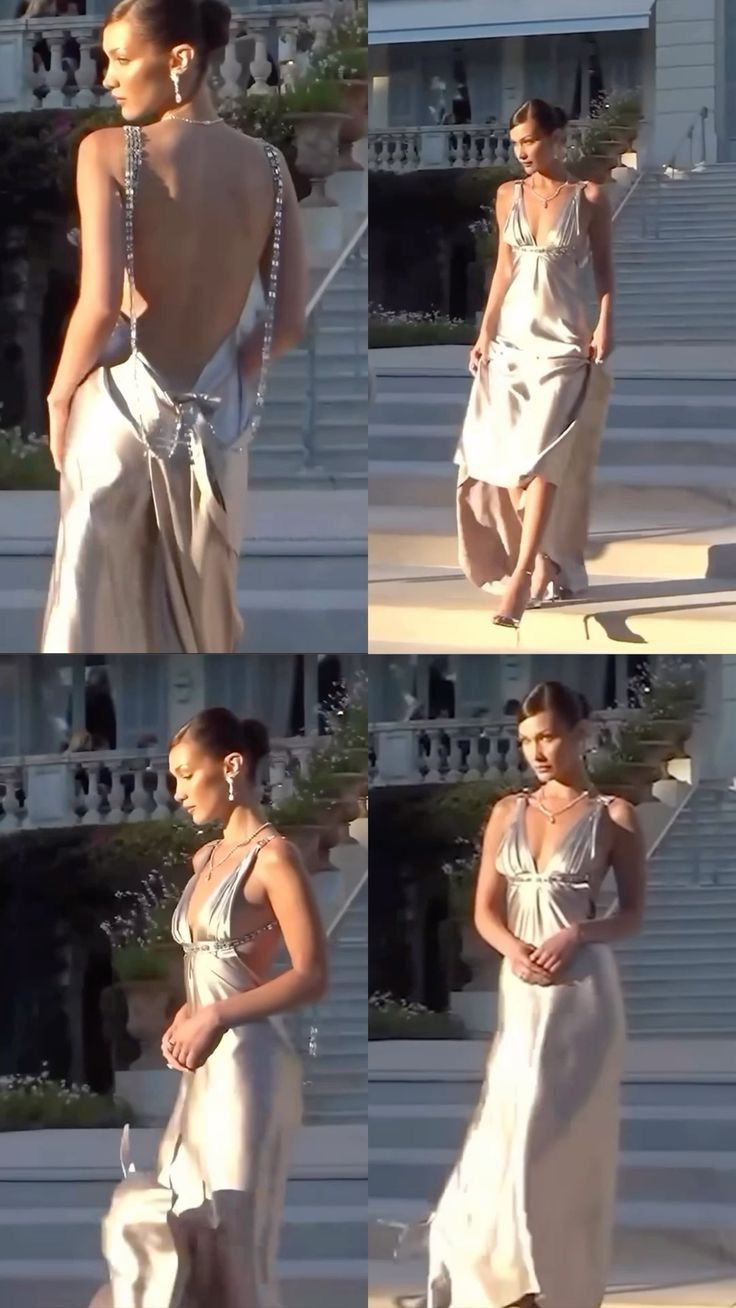 Silver A Line V Neck Beaded Satin Open Back Long Prom Dress DP4412