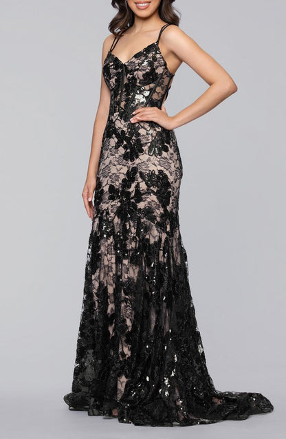 Stunning Black Mermaid Spaghetti Strap Sequin Tulle Long Prom Dress DP8148