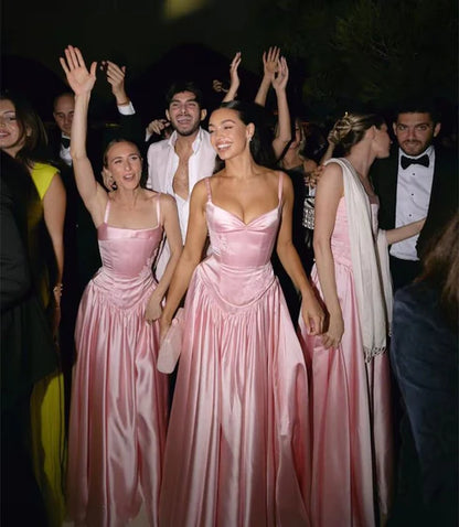Pink A Line Spaghetti Straps Appliques Satin Long Prom Dress Evening Dress Date Dress DP2942