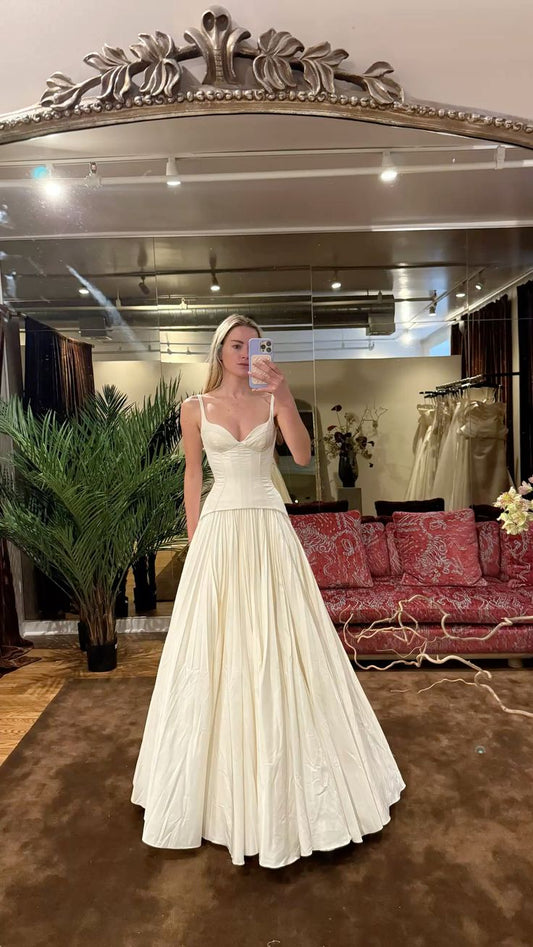 Vintage A Line Spaghetti Strap Corset Pleated Ivory Satin Long Prom Dress Wedding Dress DP6866