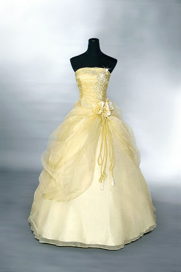 Shiny Yellow A Line Strapless Appliques Tulle Long Prom Dress Evening Dress DP8024