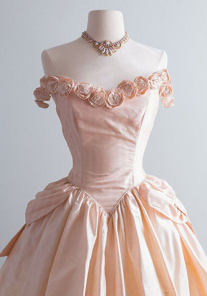 Vintage A Line Off-the-shoulder 3D Flowers Satin Prom Dresses DP824