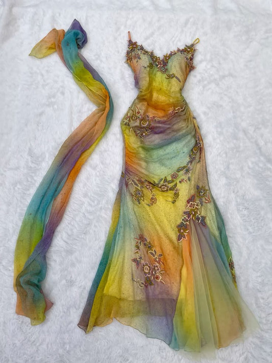 Fairy Vintage Mermaid Spaghetti Strap Appliques Chiffon Long Party Dress Evening Dress DP3014