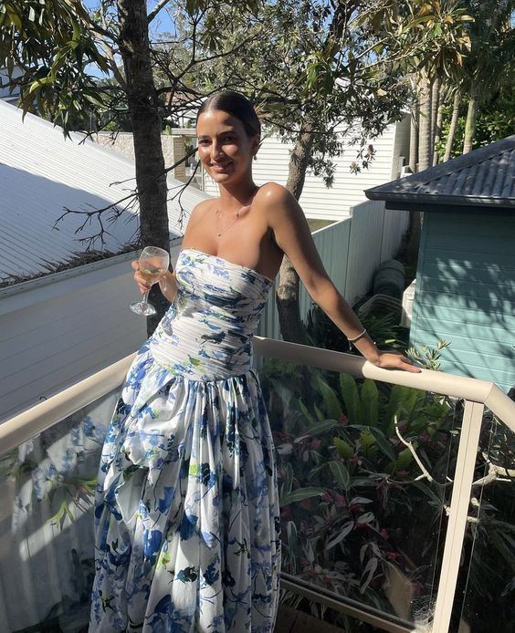 Strapless Print Floral Chiffon Long Prom Dress Evening Gown DP766
