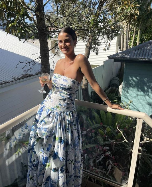 Strapless Print Floral Chiffon Long Prom Dress Evening Gown DP766