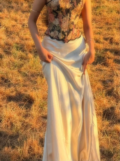 Vintage Two Piece A Line Strapless Printed Satin Long Prom Dress Date Dress DP7020