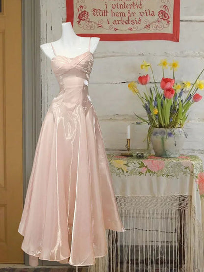 Light Pink Satin Suspender Waist Slim Fit A Line Maxi Prom Dress DP4836