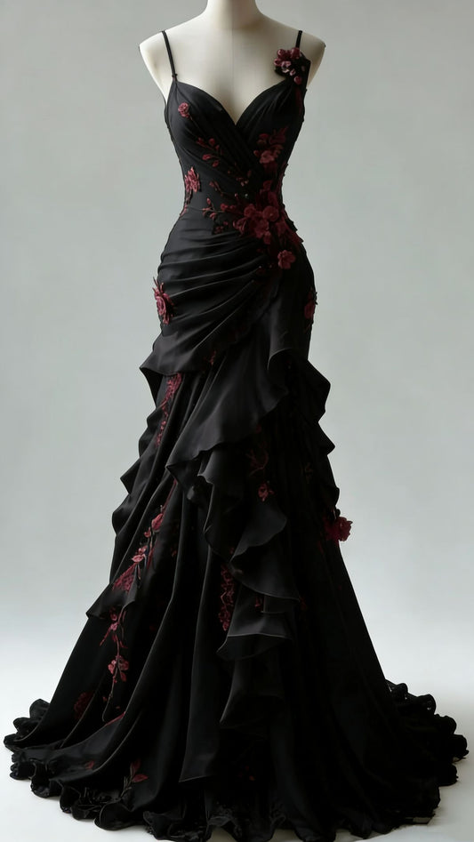 Sexy Black Mermaid Spaghetti Straps Burgundy Appliques Layered Chiffon Prom Dress DP4792