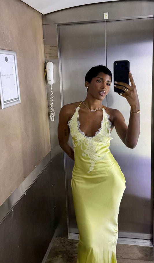 Charming Yellow Sheath Halter Lace Satin Prom Dress Evening Dress DP7842