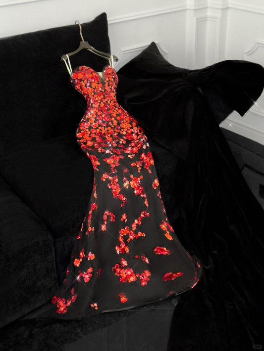 Unique Mermaid Sweetheart Neck Red Sequin Black Satin Prom Dress DP4298