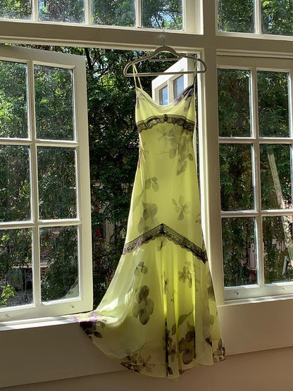 Green Mermaid Spaghetti Purple Print Floral Chiffon Prom Dress Party Dress Outfits DP3530