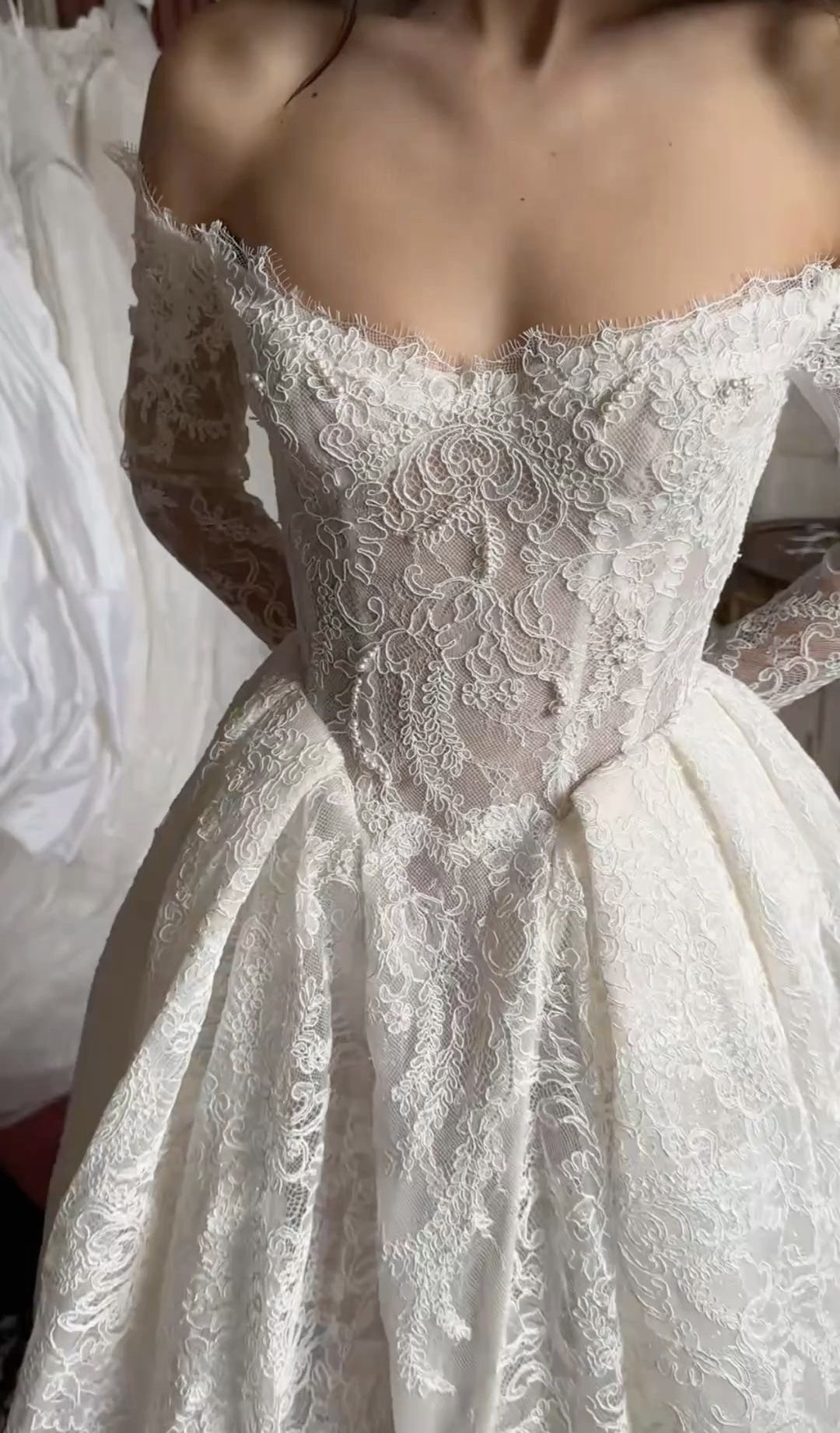 Classic A Line Long Sleeve White Lace Long Sweep Wedding Dress DP4104